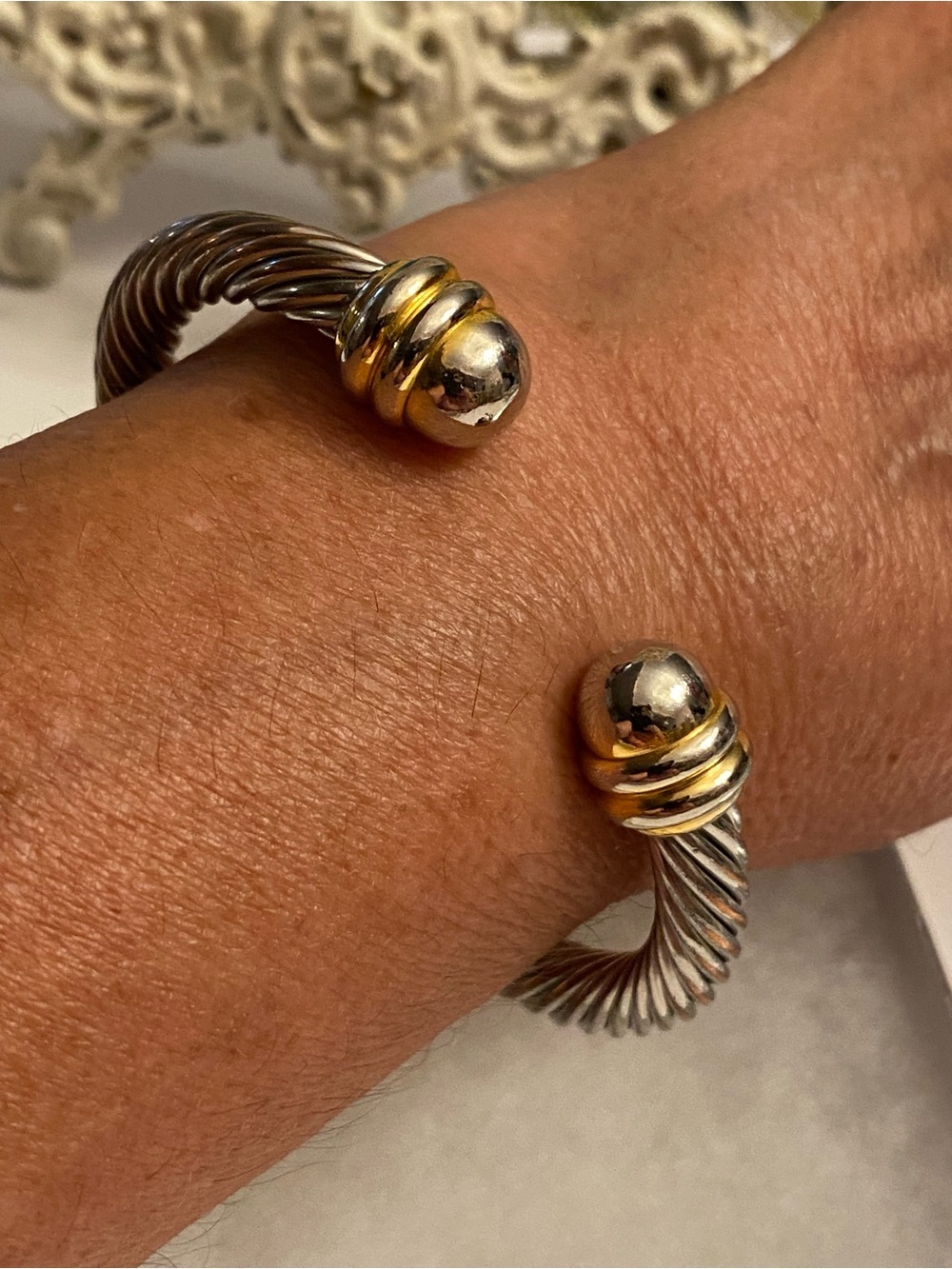 Vintage Three Tone Twisted Heavy Cable Open Cuff Bracelet
